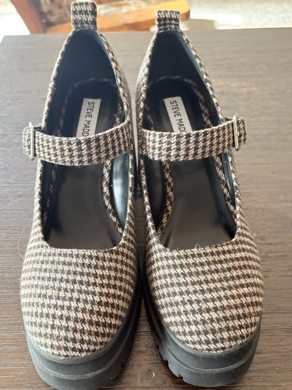 Steve Madden Orsen Houndstooth Plaid Mary Jane Chunky Lug Sole Heel Size 9